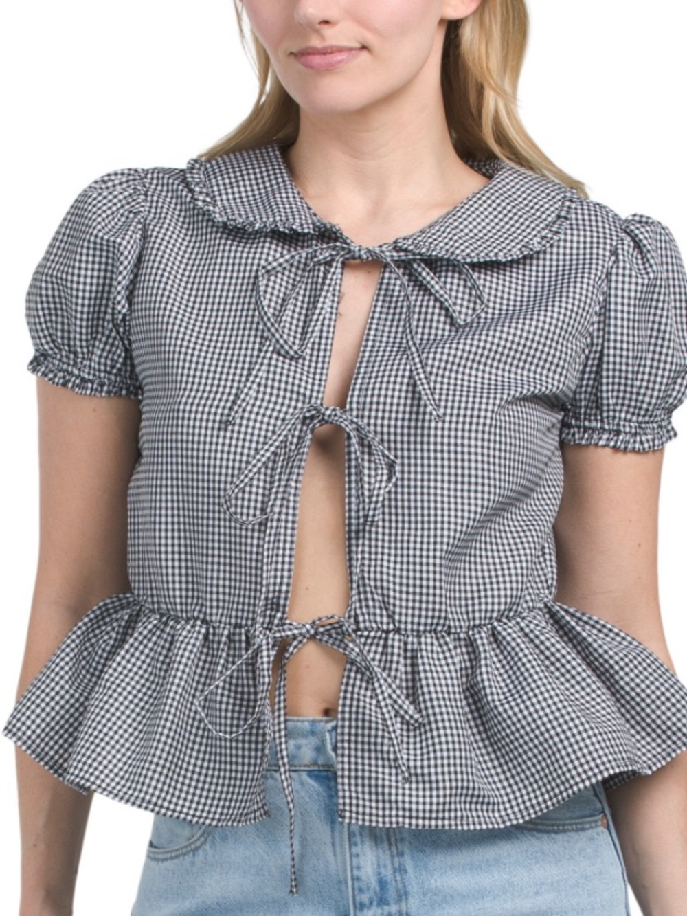 🆕- Black & White Gingham Tie-Front Peplum Blouse